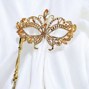 Champagne Masquerade Mask, Crystal Handheld Mask, Yellow Gold Mask, Wedding Mask